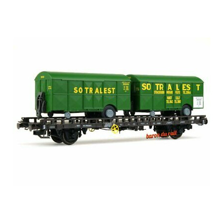 1/87 REE WAGON UFR BIPORTEUR + DEUX REMORQUES FOURGONS SOTRALEST SNCF