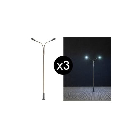 1/87 FALLER 3 LAMPADAIRES MODERNES A DEUX BRAS A LED