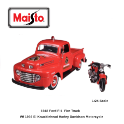 FORD F-1 PICK UP " HARLEY DAVIDSON " POMPIER 1948 AVEC MOTO 1936 1/24 MAISTO