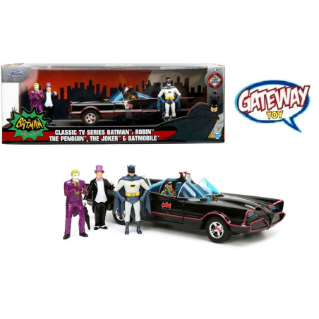 BATMOBILE 1966 AVEC FIGURINES BATMAN , ROBIN , JOKER ET PINGOUIN 1/24 JADA
