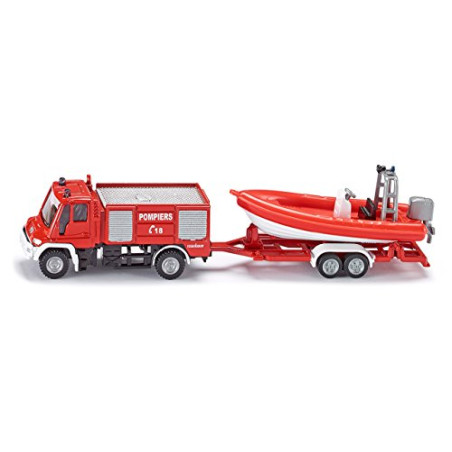1/87 SIKU MERCEDES BENZ UNIMOG POMPIER AVEC BATEAU