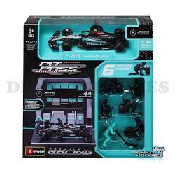 SET PIT STOP FIGURINES MECANICIENS AVEC STAND ET ACCESSOIRES MERCEDES GP F1 W15 N°44 LEWIS HAMILTON 2024 1/43 BURAGO