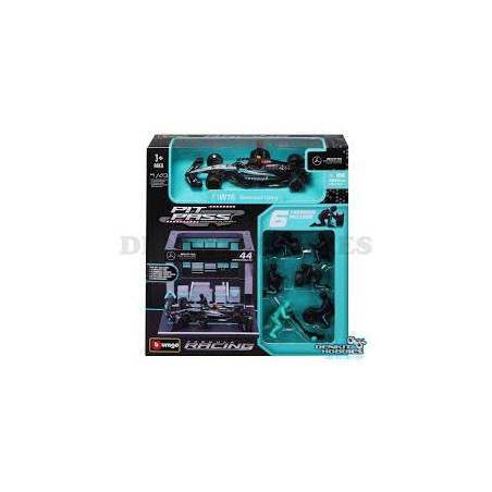 SET PIT STOP FIGURINES MECANICIENS AVEC STAND ET ACCESSOIRES MERCEDES GP F1 W15 N°44 LEWIS HAMILTON 2024 1/43 BURAGO