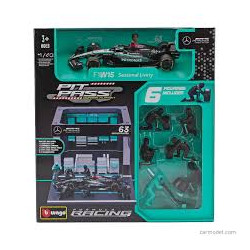 SET PIT STOP FIGURINES MECANICIENS AVEC STAND ET ACCESSOIRES MERCEDES GP F1 W15 N°63 GEORGES RUSSELL 2024 1/43 BURAGO