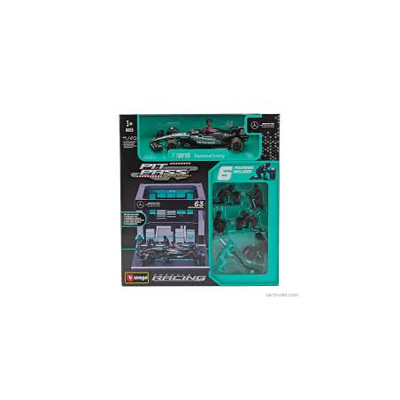 SET PIT STOP FIGURINES MECANICIENS AVEC STAND ET ACCESSOIRES MERCEDES GP F1 W15 N°63 GEORGES RUSSELL 2024 1/43 BURAGO