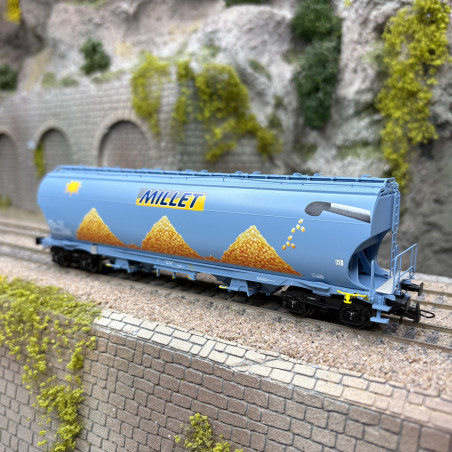 1/87 LS MODELS WAGON CEREALIER TAGNPPS NOUVEAU LOGO MILLET AVEC SOLEIL SNCF