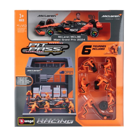 SET PIT STOP FIGURINES MECANICIENS AVEC STAND ET ACCESSOIRES MCLAREN MCL38 F1 N°81 OSCAR PIASTRI 2024 1/43 BURAGO