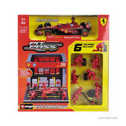 SET PIT STOP FIGURINES MECANICIENS AVEC STAND ET ACCESSOIRES FERRARI SF24 F1 N°55 CARLOS SAINZ 2024 1/43 BURAGO