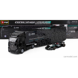 CAMION DE TRANSPORT MERCEDES BENZ ACTROS GIGASPACE MERCEDES AMG AVEC UNE FORMULE 1 W15 ALEATOIRE INCLUS 1/43 BURAGO