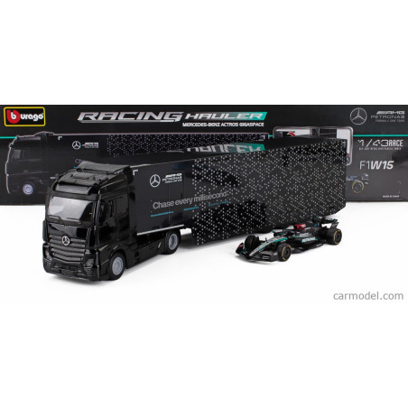 CAMION DE TRANSPORT MERCEDES BENZ ACTROS GIGASPACE MERCEDES AMG AVEC UNE FORMULE 1 W15 ALEATOIRE INCLUS 1/43 BURAGO